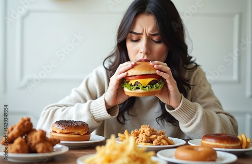 Woman eating fast food burger, french fries, fried chicken, donuts. Junk food, binge eating disorder, unhealthy eating, overeating concept. Person struggles with portion control. Food addiction,