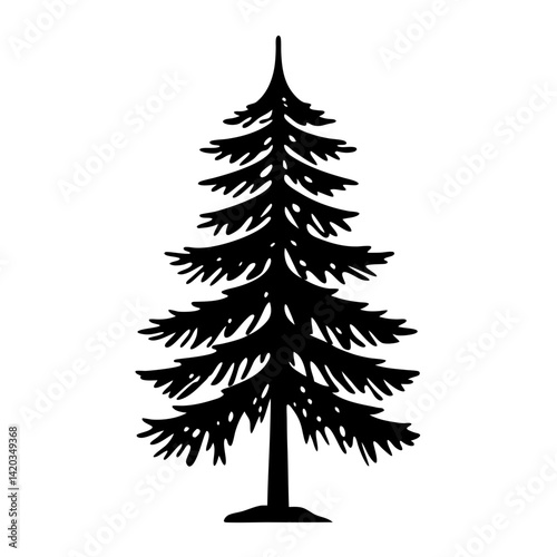 Detailed silhouette of an evergreen tree on a stark white background illustration