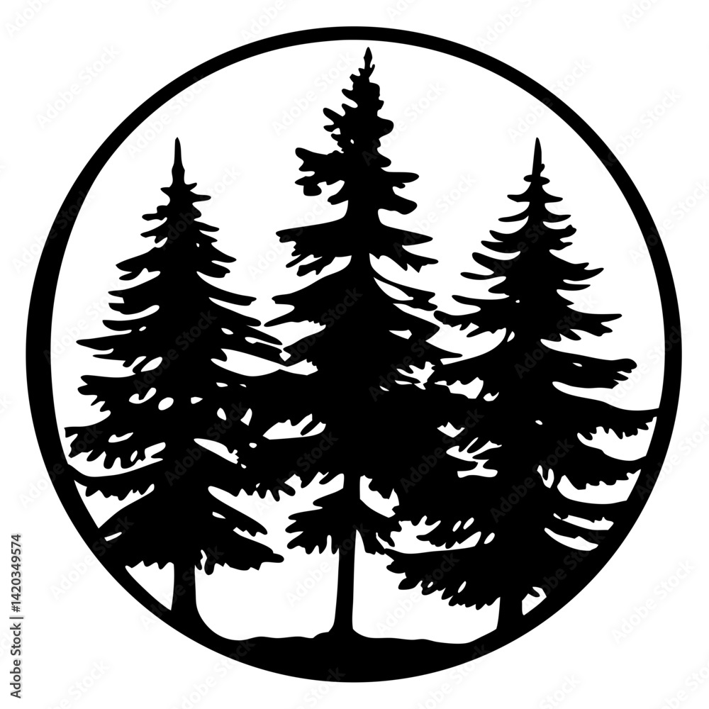 Fototapeta premium Silhouette of Pine Trees in a Circle Frame Black and White Graphic