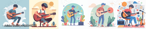 vector group of young people playing guitar