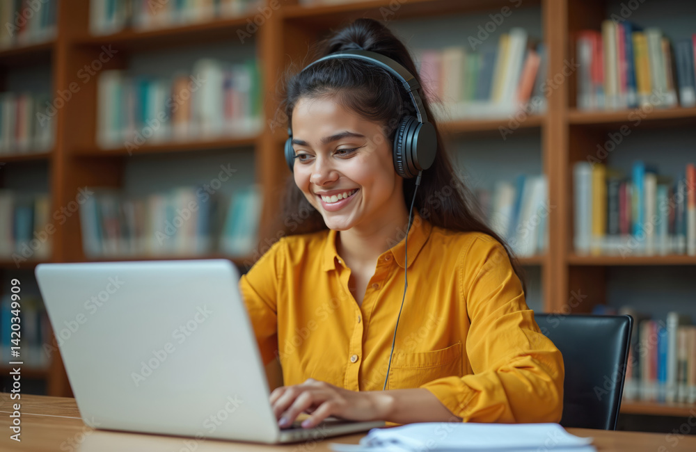Young Indian student girl learns online using laptop. Wearing headphones, studies remotely in library. Happy woman watches webinar, attends video conference. E-learning, education concept,