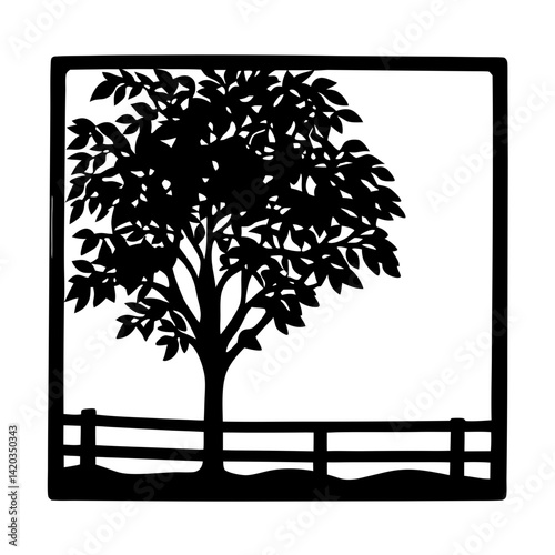 Silhouette of a leafy tree and fence inside of a square frame