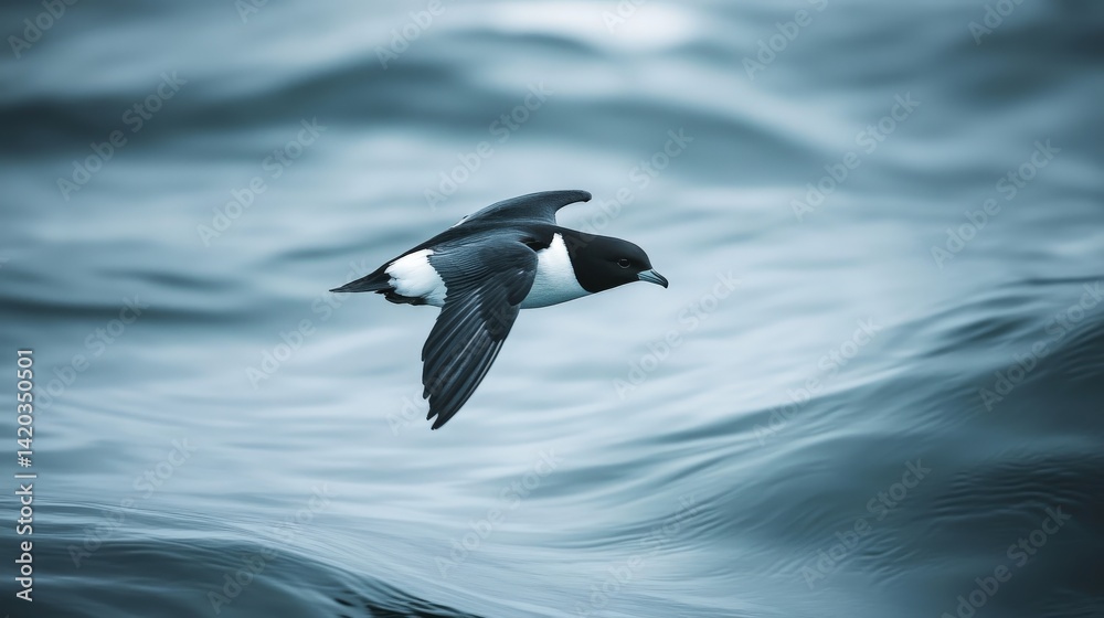 A small black and white bird soaring above blue ocean waves