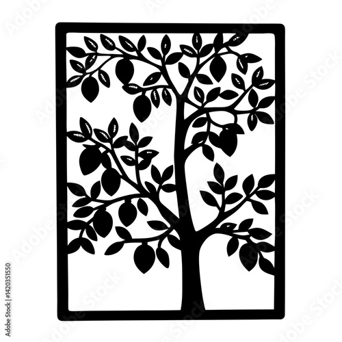 Stylized black and white tree with fruits in a rectangular frame design