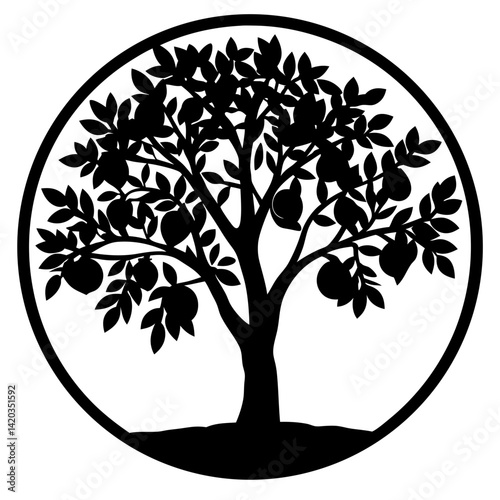 Monochrome silhouette of a tree laden with fruit inside a circle frame
