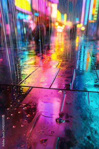 Vibrant Reflections on Wet Pavement in a Colorful Rainy Cityscape photo