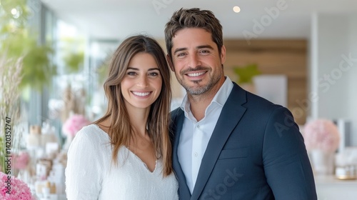 A happy couple smiling together in a modern indoor setting with elegant decor, natural light streaming in, and casual yet sophisticated attire.