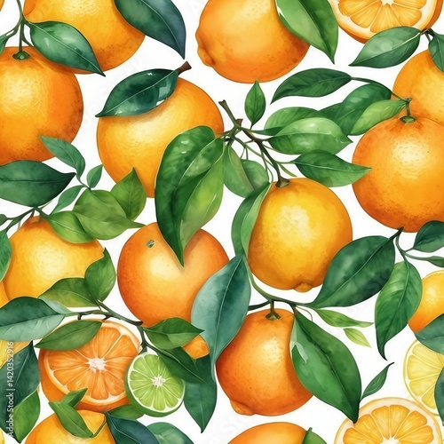 Seamless pattern of watercolor oranges, lemons, and green leaves. 