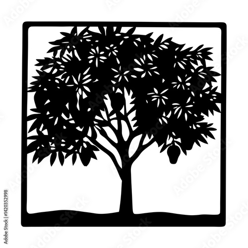 Silhouette of a bountiful fruit tree within a square border art piece