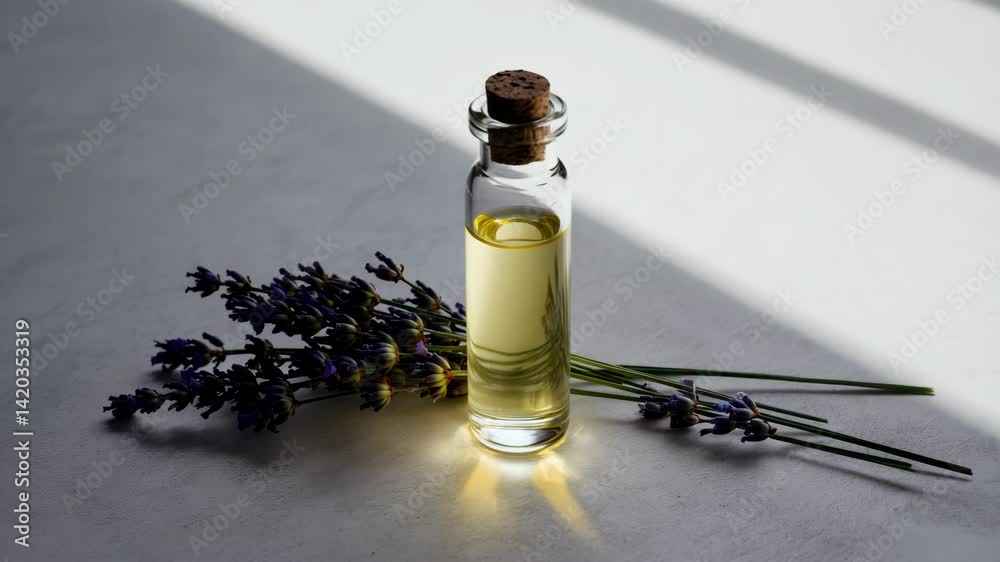 Glass bottle of lavender essential oil with cork stopper placed beside fresh lavender flowers on a bright surface with natural sunlight, evoking a sense of calm, wellness, and aromatherapy beauty.