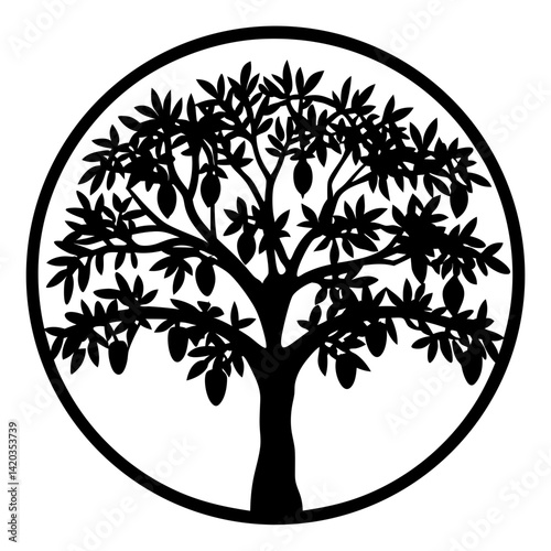 Silhouette of a bountiful mango tree enclosed in a circular frame design