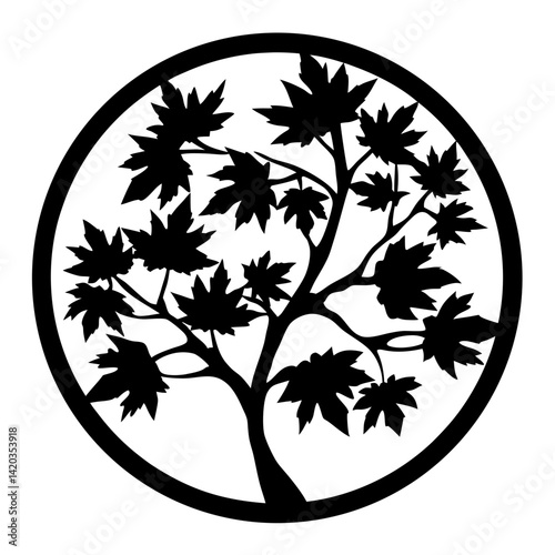 Monochrome illustration of a maple tree silhouette in a circular frame.