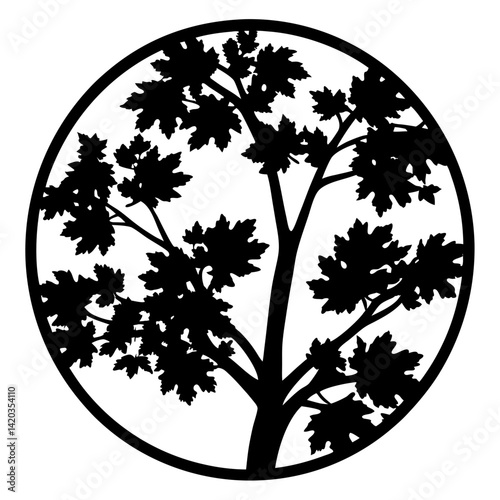 Black Silhouette of a Tree with Leaves Inside a Circular Frame