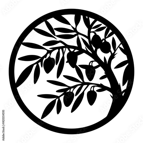 Black Silhouette of Olive Tree with Olives Inside a Circle Frame