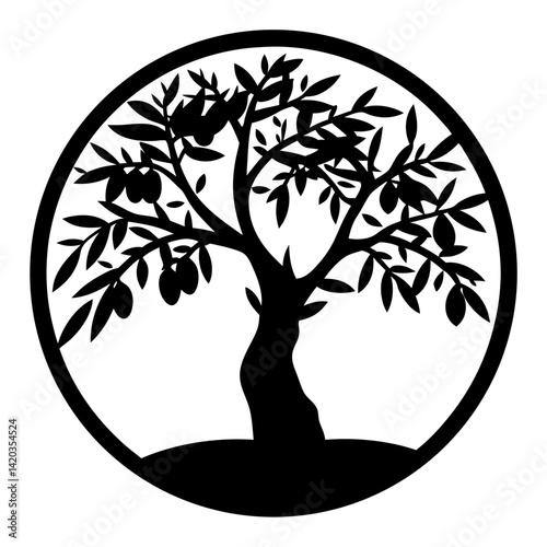 Elegant Black Olive Tree Silhouette Emblem within a Circular Frame Design
