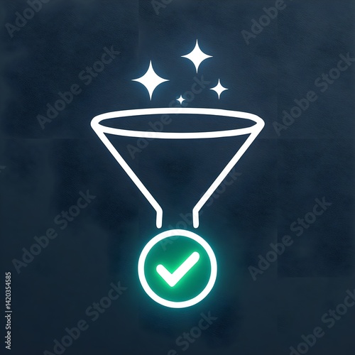 A stylized funnel icon with shimmering sparkles flowing down into a glowing checkmark at the base, symbolizing an intelligent, high-converting lead generation system