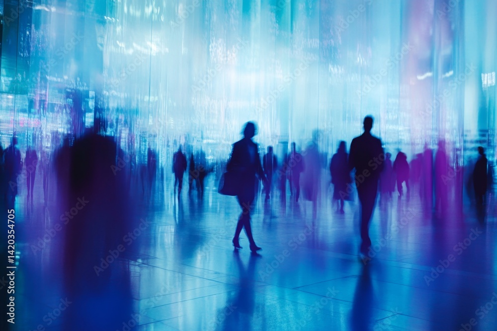 Busy urban crowd in a modern, brightly lit space Busy urban crowd in a modern, brightly lit space