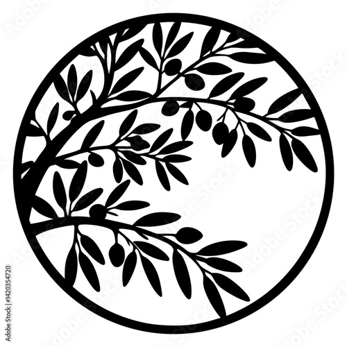 Elegant Olive Branch Silhouette Design in Circular Frame for Print Purposes