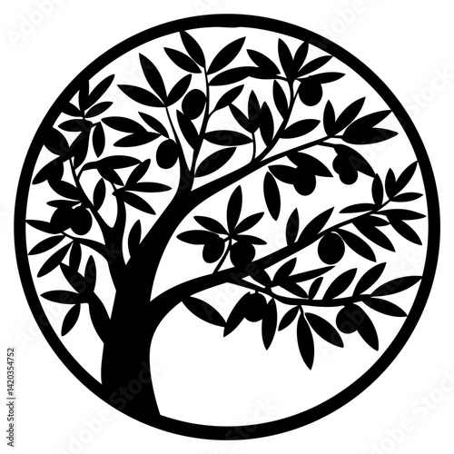 Stylized olive tree silhouette inside a circular frame in black and white