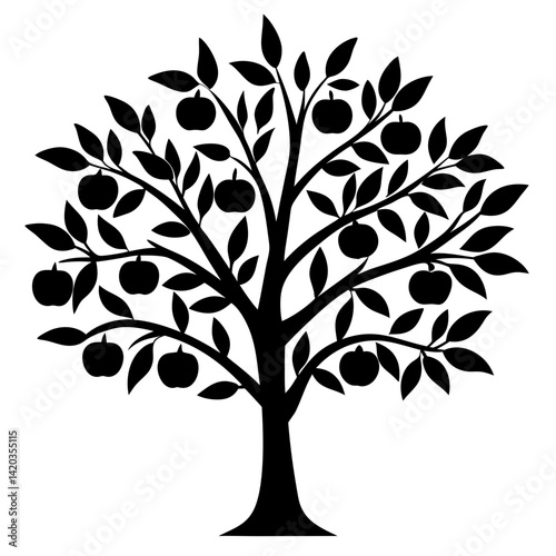 Black Silhouette of a Fruit Tree Bearing Apples Against White Background