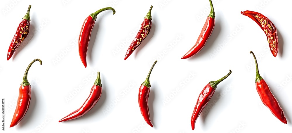 Fresh Red Chili Peppers Arranged on a White Background Fresh Red Chili Peppers Arranged on a White Background