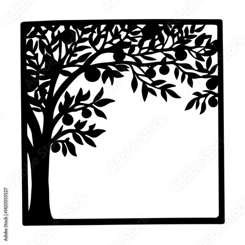 Black and white decorative corner border with tree bearing fruit image