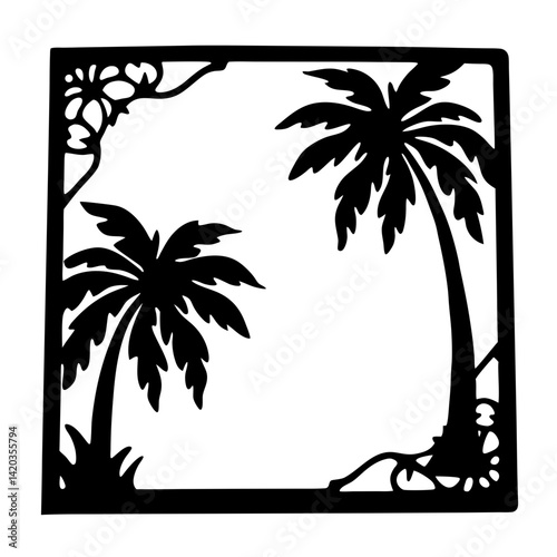 Silhouette of tropical palm trees in a decorative square frame illustration