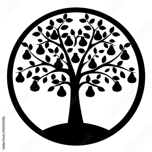 Silhouette of a pear tree within a circle on a white background
