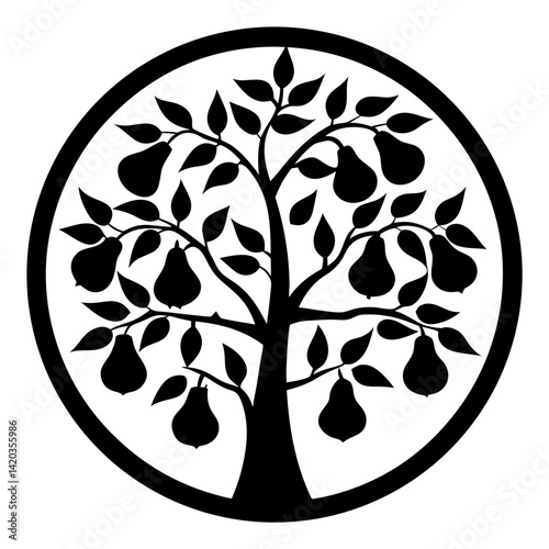 Black and white pear tree with circle border botanical illustration