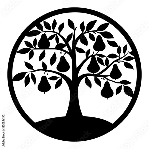 Silhouette of a pear tree in a circle design with lush foliage
