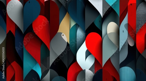 Abstract Geometric Art with Overlapping Curved Shapes in Red, Blue, Black, White, and Yellow Tones