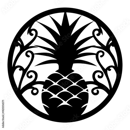 Elegant Black and White Pineapple Design with Ornate Decorative Circular Frame