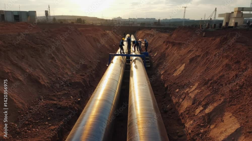 Construction workers installing large oil and gas pipelines in a deep trench at sunset, representing energy infrastructure, heavy industry, and engineering projects in progress at an industrial site.