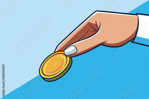 Hand holding a gold coin in a minimal vector illustration depicting currency exchange or savings activity