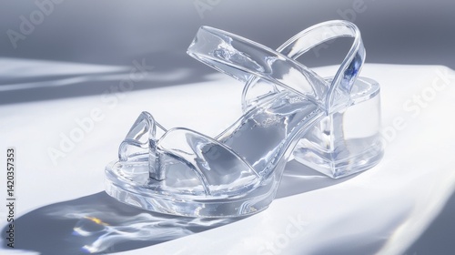 Wallpaper Mural Clear heeled sandals displayed on a reflective surface in bright light, emphasizing modern design and transparent material Torontodigital.ca