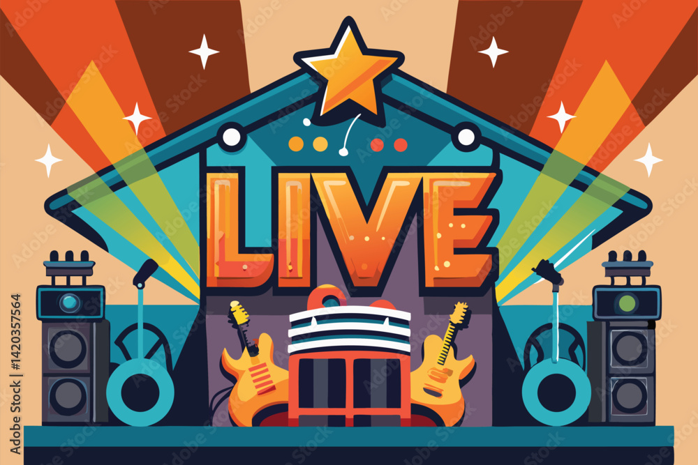 Obraz premium Vibrant vector illustration of a live music stage featuring instruments, lights, and a prominent star during a lively performance
