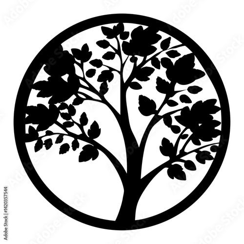 Silhouette of a lush tree within a circular frame conveying growth