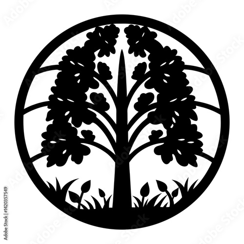 Stylized tree within circular border displaying nature and symbolic growth art