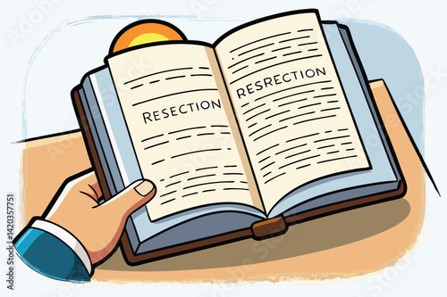 Illustration of a hand holding an open book showing the words Rescued and Resection in a minimal style on a wooden table