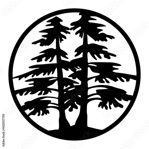 Two pine trees within a black circle, stylized and symmetrical design