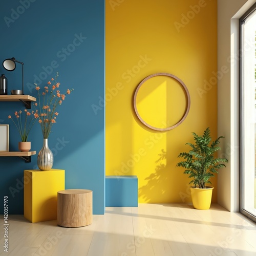 Modern interior design featuring yellow and blue walls. Wooden frame, round table, plants, light from window, flower vase. Minimalistic decor, natural light and wooden furniture make modern apartment.