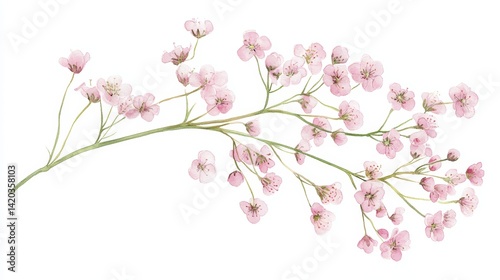 Delicate Watercolor Illustration of a Single Branch of Pastel Pink Gypsophila Flower with Detailed Shading