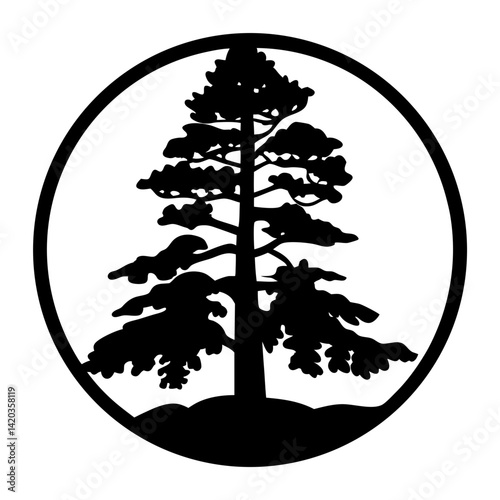A Silhouette of a Coniferous Tree Encased in a Circular Frame Design
