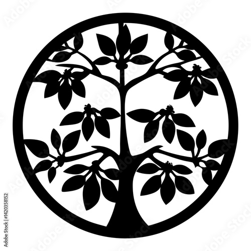 Monochrome illustration of a stylized tree of life within a circle
