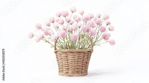 Delicate Watercolor Illustration of Pink Gypsophilia Flowers in Wicker Basket with Detailed Shading