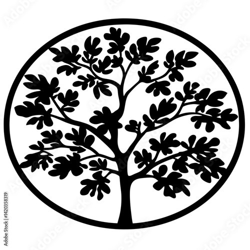 Stylized tree silhouette with distinctive leaves, enclosed within a circular border design