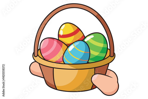 Colorful Easter eggs in a basket held by a hand during a festive spring celebration in a cheerful outdoor setting