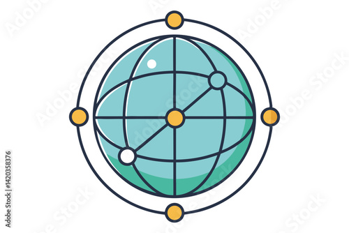 Global connection represented by a minimal vector illustration featuring a stylized globe and orbiting elements, symbolizing international communication and collaboration