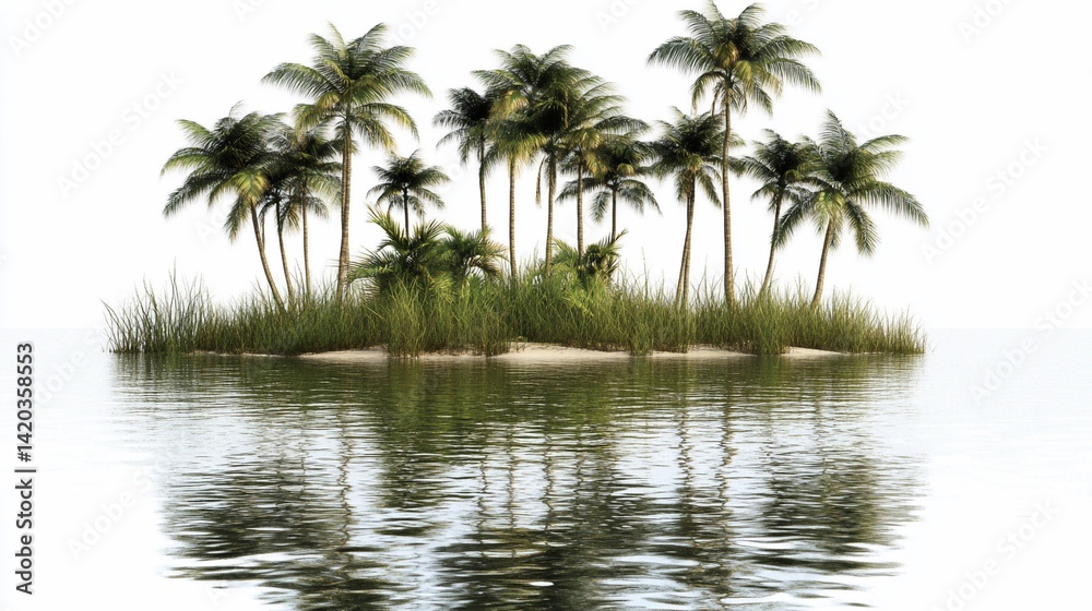 Fototapeta premium Tropical island, palm trees, ocean, reflection, paradise, travel brochure