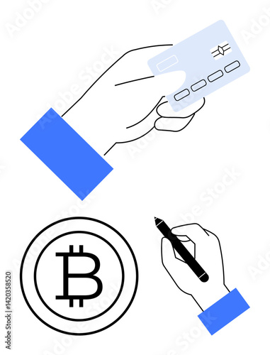 Hand holding credit card for payment, hand signing document, Bitcoin symbol for cryptocurrency. Ideal for finance, banking, technology, e-commerce, cryptocurrency, contracts payments flat simple